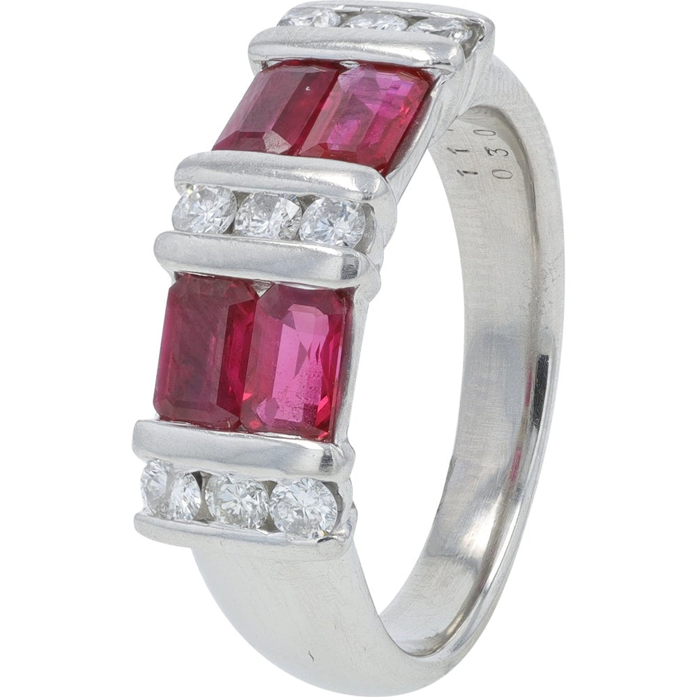 Platinum 900 Contemporary Channel-Set Ring with Rectangular Rubies and Round Diamonds - 1.17 Carat Total Ruby Weight and 0.30 Carat Total Diamond Weight