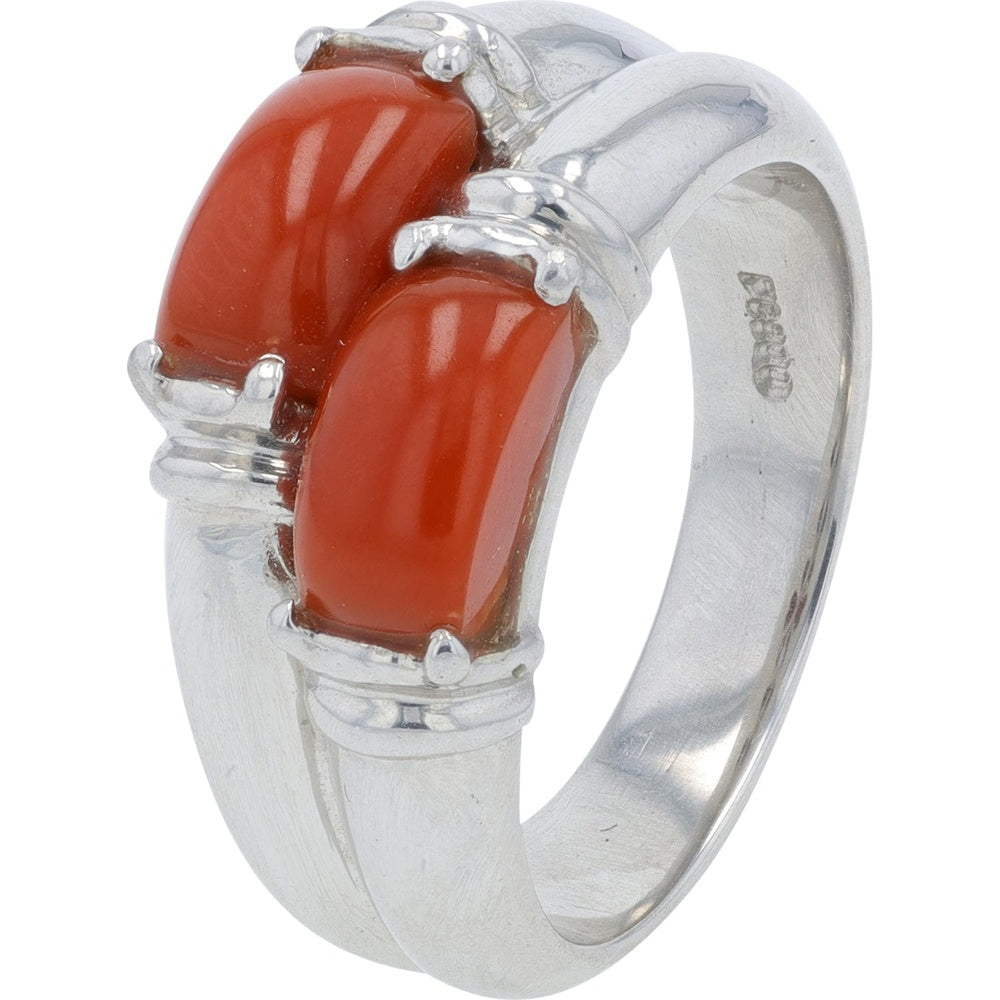 Platinum 900 Contemporary Ring with Two Cabochon Cut Natural Coral Stones