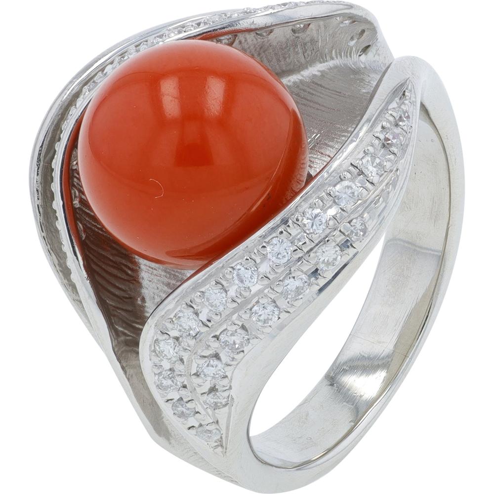 Platinum 900 Coral Ring with Diamond Halo - 0.25 Carat Total Diamond Weight