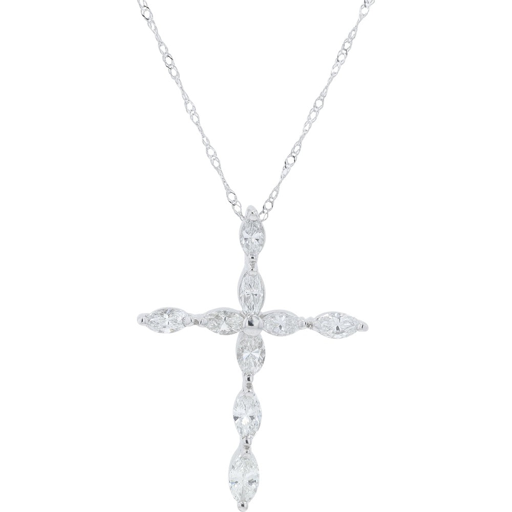 Platinum 900 Cross Pendant with Marquise-Cut Diamonds - 1.05 Carat Total Diamond Weight on an 18 Inch Chain