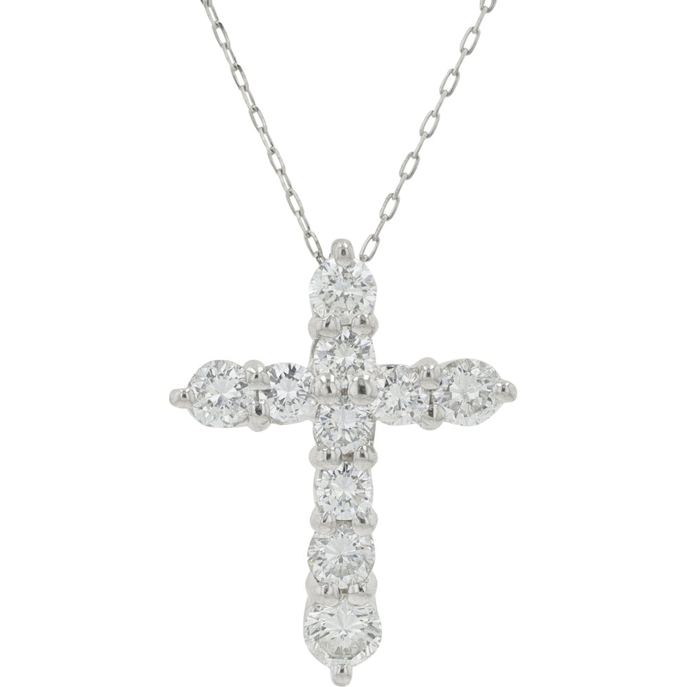 Platinum 900 Cross Pendant with Prong-Set Round Diamonds - 1.00 Carat Total Diamond Weight on 17-Inch Chain