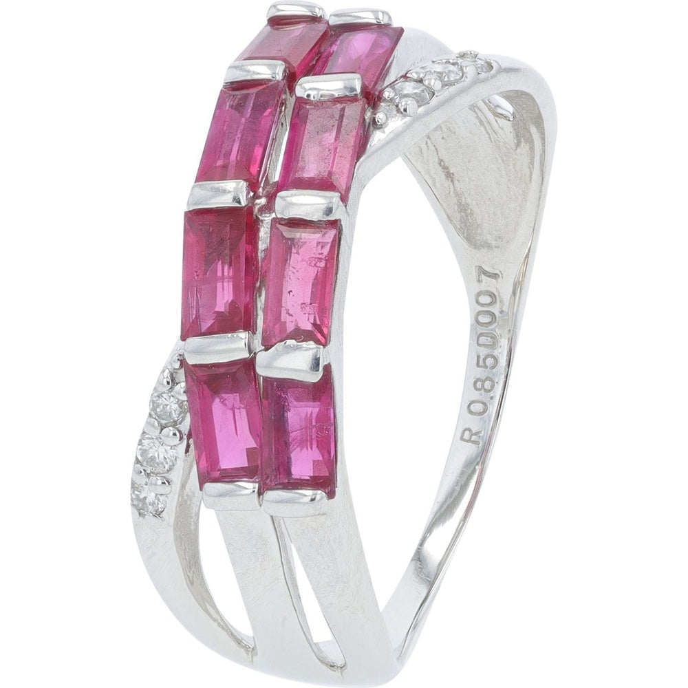 Platinum 900 Crossover Band with Bar-Set Baguette Rubies and Pavé Diamonds - 0.85 Carat Total Ruby Weight