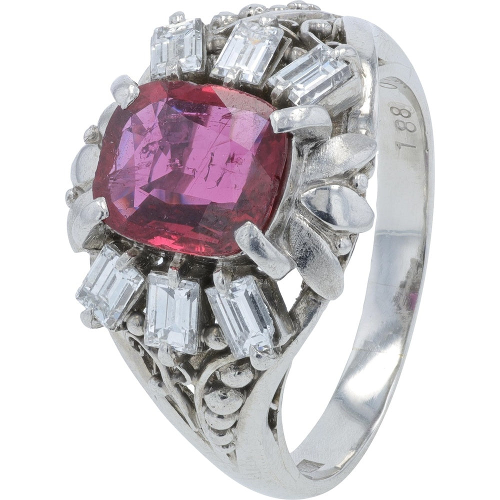 Platinum 900 Cushion-Cut Pinkish-Red Sapphire Ring with Baguette Diamond Halo - 1.88 Carat Sapphire and 0.70 Carat Total Diamond Weight