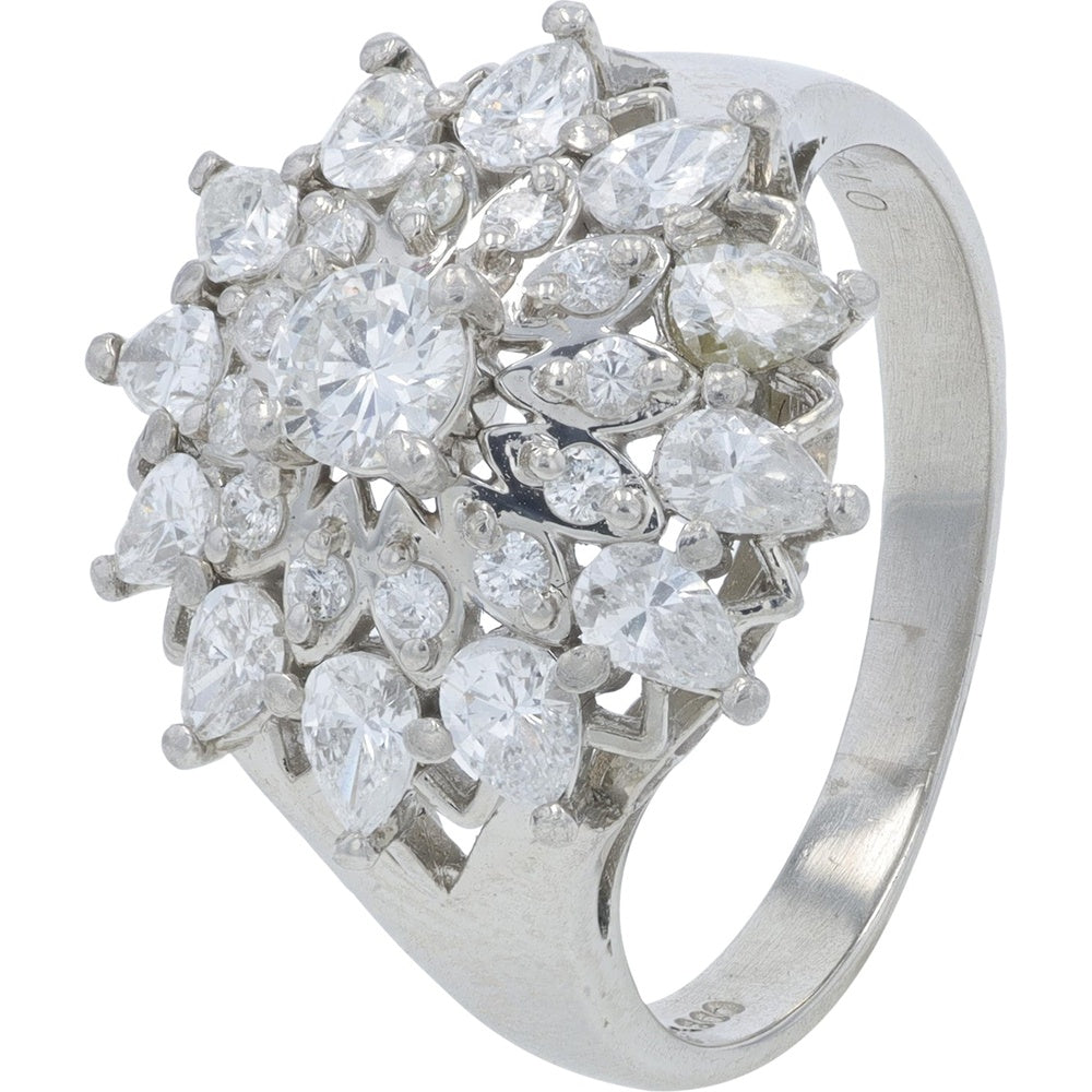Platinum 900 Diamond Cluster Ring with Round and Pear Shaped Diamonds - 1.18 Carat Total Diamond Weight