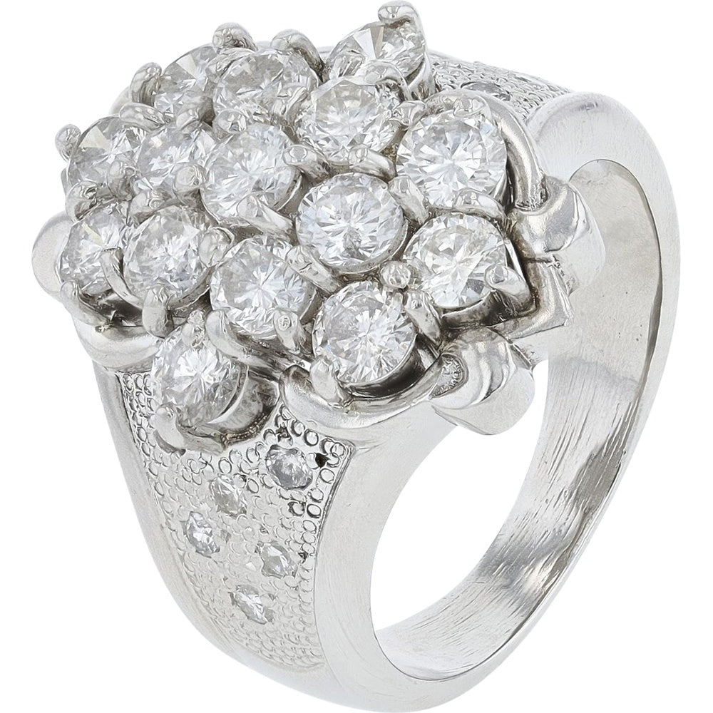 Platinum 900 Diamond Cluster Ring with Round Brilliant Cut Prong Set Diamonds - 2.06 Carat Total Diamond Weight