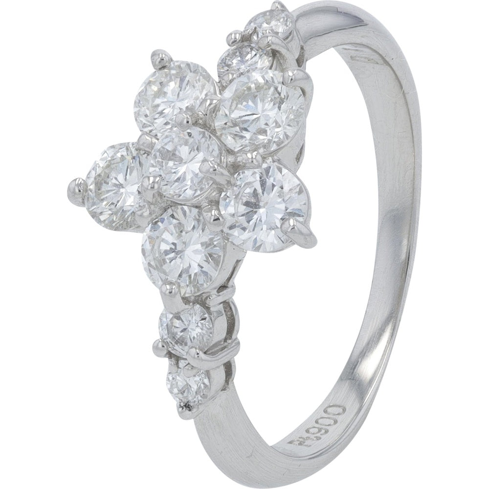 Platinum 900 Diamond Flower Ring with Round Brilliant Cut Diamonds - 1.01 Carat Total Diamond Weight