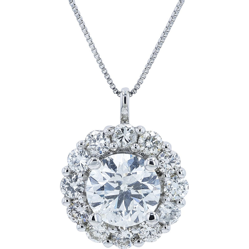 Platinum 900 Diamond Halo Pendant with 1.01 Carat Round Brilliant Center Stone and 1.56 Carat Total Diamond Weight on 17.5 Inch Chain