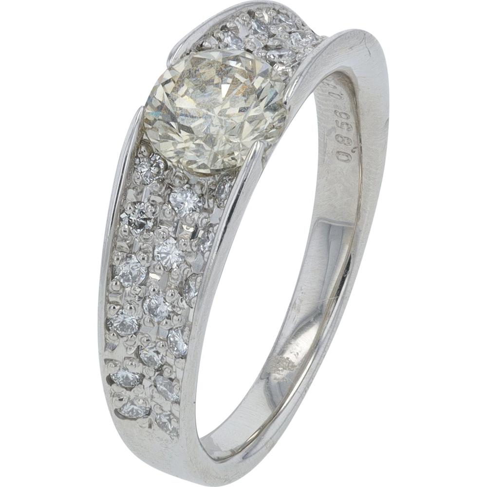 Platinum 900 Diamond Ring with 0.85 Carat Center Diamond and 1.19 Carat Total Pavé Diamonds