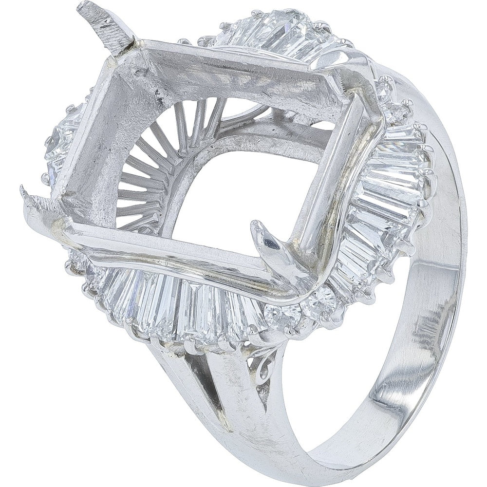 Platinum 900 Diamond Semi-Mount Ring with Baguette and Round Diamond Halo - 1.65 Carat Total Diamond Weight
