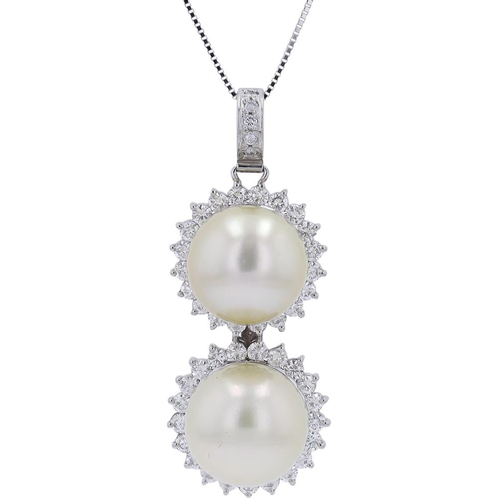 Platinum 900 Double Pearl Pendant with Diamond Halo - 1.99 Carats Total Diamond Weight