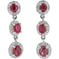 Platinum 900 Drop Earrings with Oval Rubies and Diamond Halos - 2.12 Carat Total Ruby Weight and 0.67 Carat Total Diamond Weight
