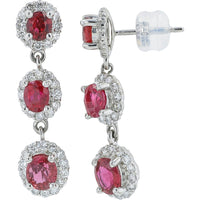 Platinum 900 Drop Earrings with Oval Rubies and Diamond Halos - 2.12 Carat Total Ruby Weight and 0.67 Carat Total Diamond Weight