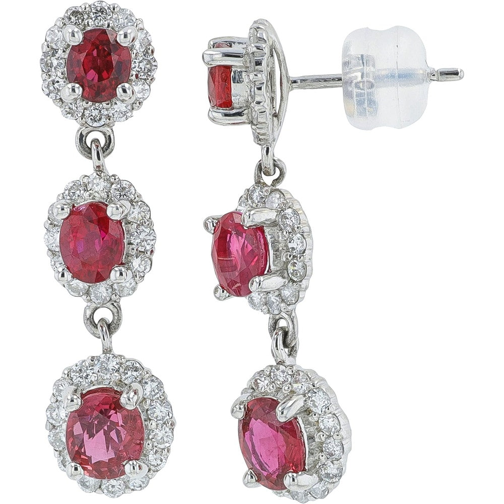 Platinum 900 Drop Earrings with Oval Rubies and Diamond Halos - 2.12 Carat Total Ruby Weight and 0.67 Carat Total Diamond Weight