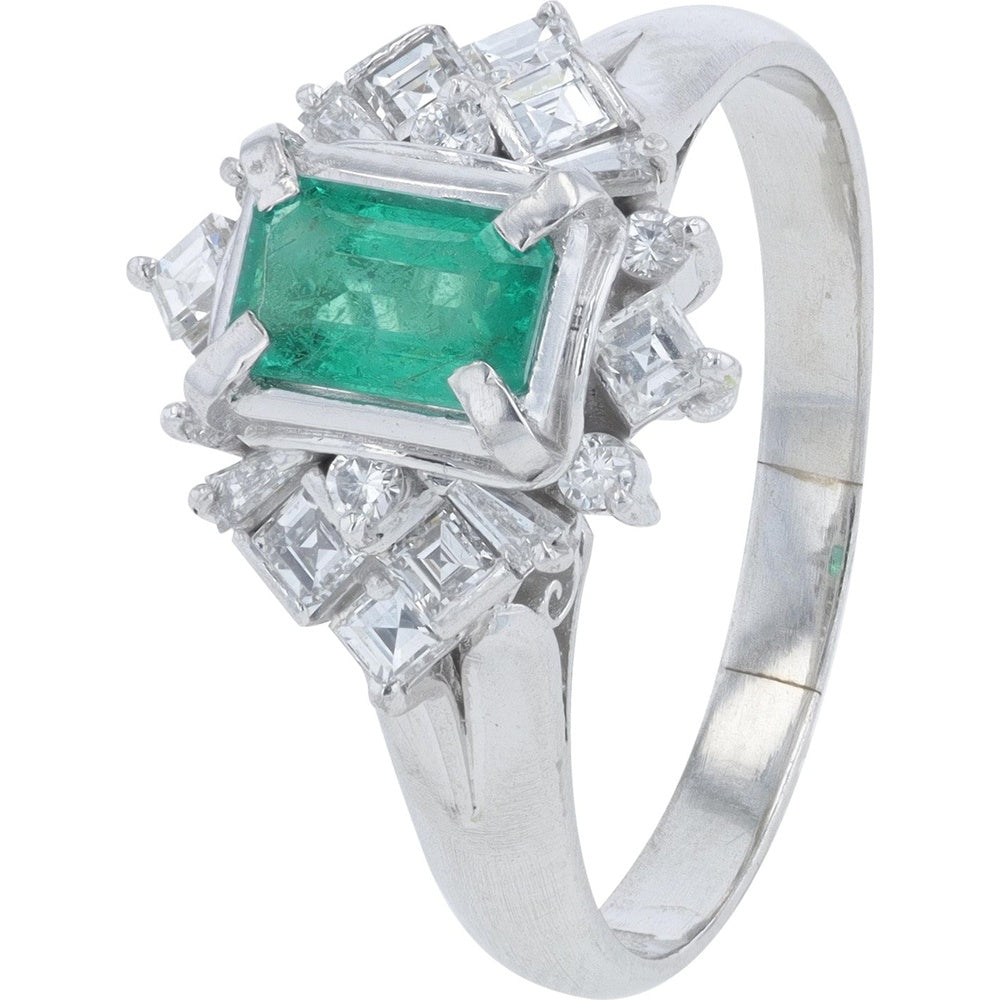 Platinum 900 Emerald and Diamond Cluster Ring - 0.50 Carat Emerald and 0.50 Carat Total Diamond Weight