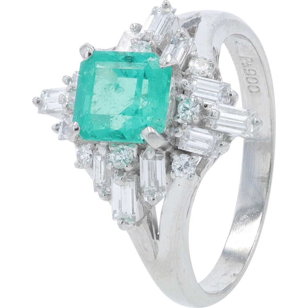 Platinum 900 Emerald and Diamond Cluster Ring with Baguette and Round Brilliant Accents - 0.91 Carat Emerald and 0.79 Carat Total Diamond Weight