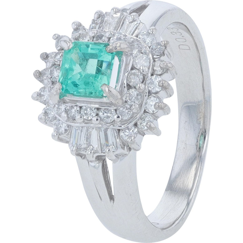 Platinum 900 Emerald and Diamond Halo Ring with Split Shank - 0.35 Carat Emerald and 0.33 Carat Total Diamond Weight