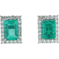 Platinum 900 Emerald-Cut Emerald Stud Earrings with Diamond Halo - 1.59 Carat Total Emerald Weight and 0.36 Carat Total Diamond Weight