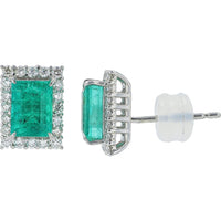 Platinum 900 Emerald-Cut Emerald Stud Earrings with Diamond Halo - 1.59 Carat Total Emerald Weight and 0.36 Carat Total Diamond Weight