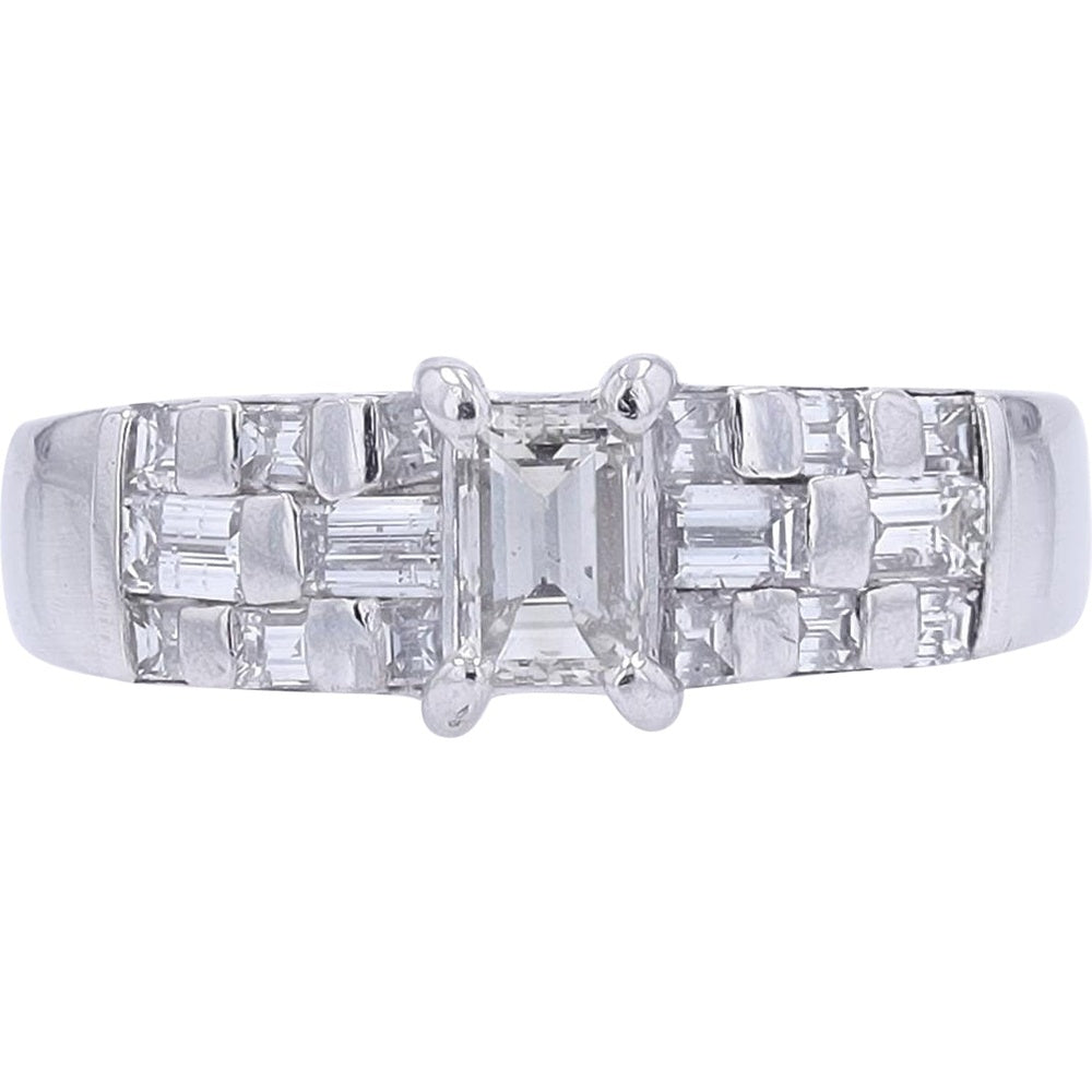 Platinum 900 Engagement Ring with 1.06 Carat Step-Cut Diamond Center and Baguette Accent Shoulders