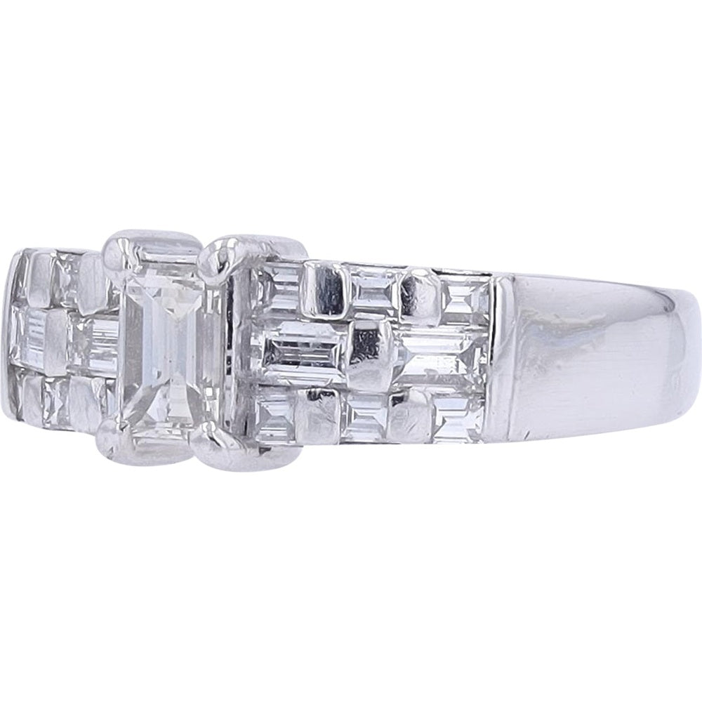Platinum 900 Engagement Ring with 1.06 Carat Step-Cut Diamond Center and Baguette Accent Shoulders