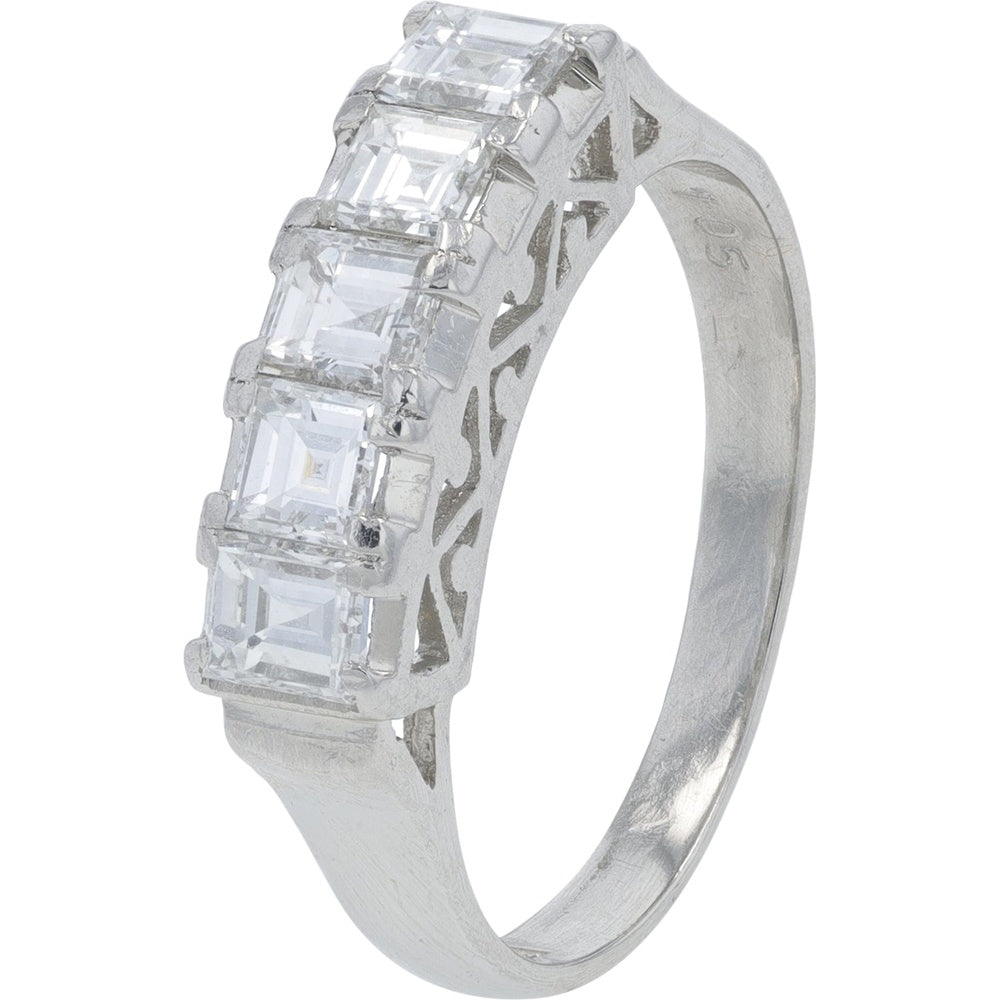 Platinum 900 Five-Stone Band with Square-Cut Diamonds - 1.00 Carat Total Diamond Weight