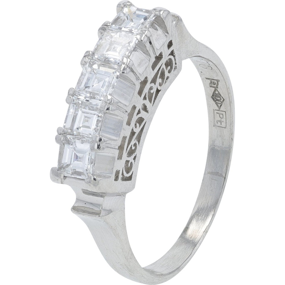 Platinum 900 Five-Stone Diamond Band with Bar-Set Step Cut Diamonds - 1.00 Carat Total Diamond Weight