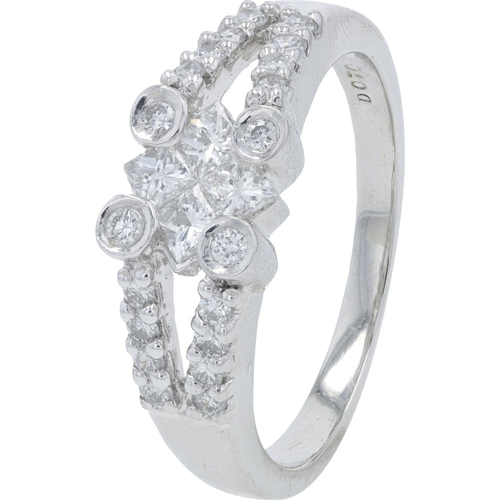 Platinum 900 Floral Cluster Diamond Ring with Bezel and Pavé Set Round Accents - 0.70 Carat Total Diamond Weight