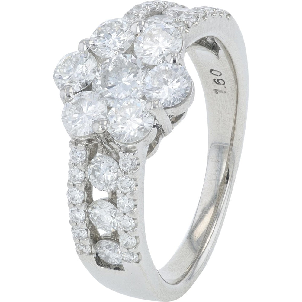 Platinum 900 Floral Cluster Ring with Split Shank Round Diamonds - 1.60 Carat Total Diamond Weight