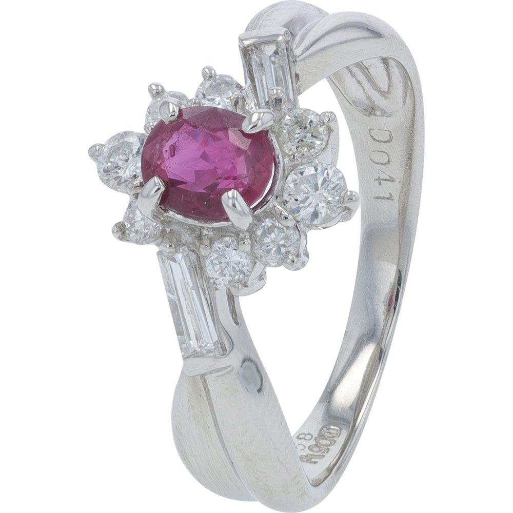 Platinum 900 Floral Halo Ring with 0.58 Carat Oval Ruby and 0.41 Carat Round and Baguette Diamonds - Size 6