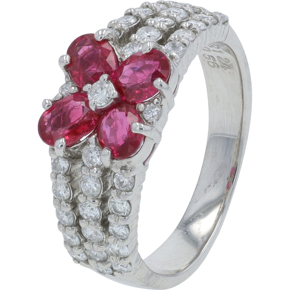 Platinum 900 Floral Ruby Ring with Oval Rubies and Three-Row Diamond Shoulders - 0.56 Carat Total Ruby Weight and 1.24 Carat Total Diamond Weight