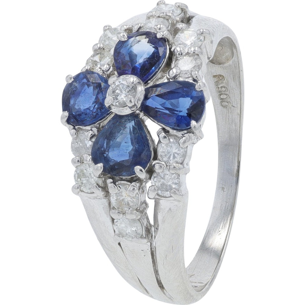 Platinum 900 Flower Ring with 1.26 Carat Pear-Shaped Sapphires and 0.40 Carat Round Diamond Accents - Size 6.25