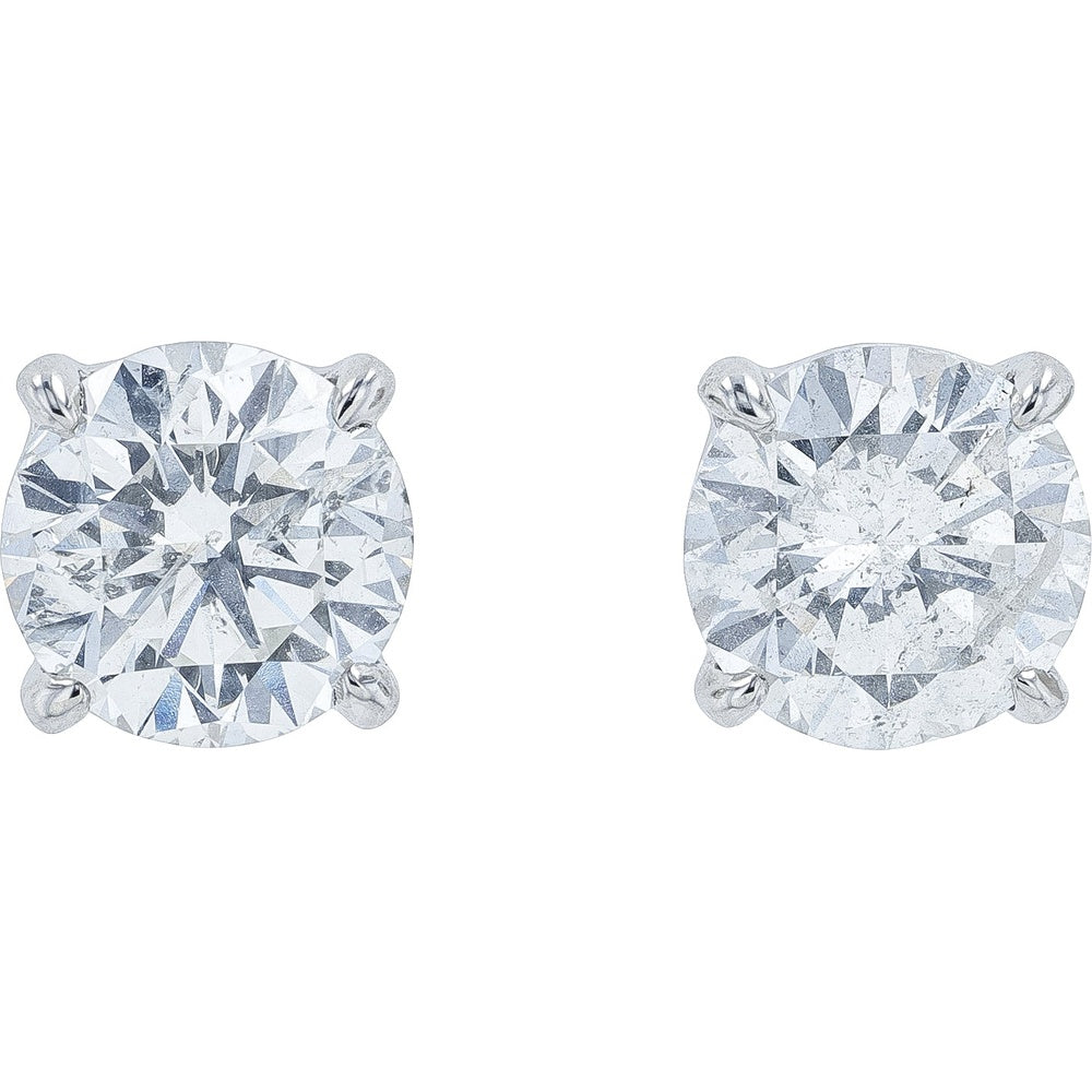 Platinum 900 Four-Prong Set Round Brilliant Diamond Stud Earrings - 2.03 Carat Total Diamond Weight