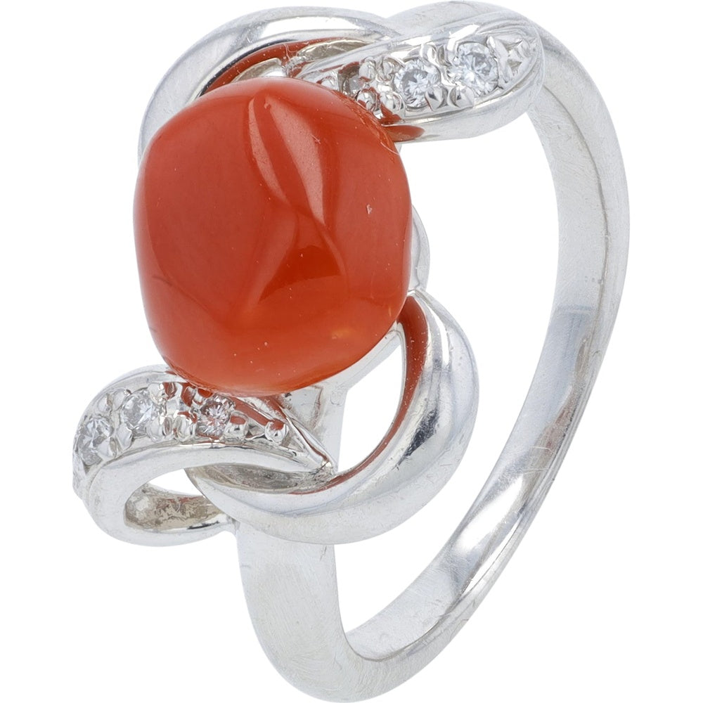 Platinum 900 Free-Form Cabochon Coral Ring with Pavé-Set Round Diamonds - 0.06 Carat Total Diamond Weight