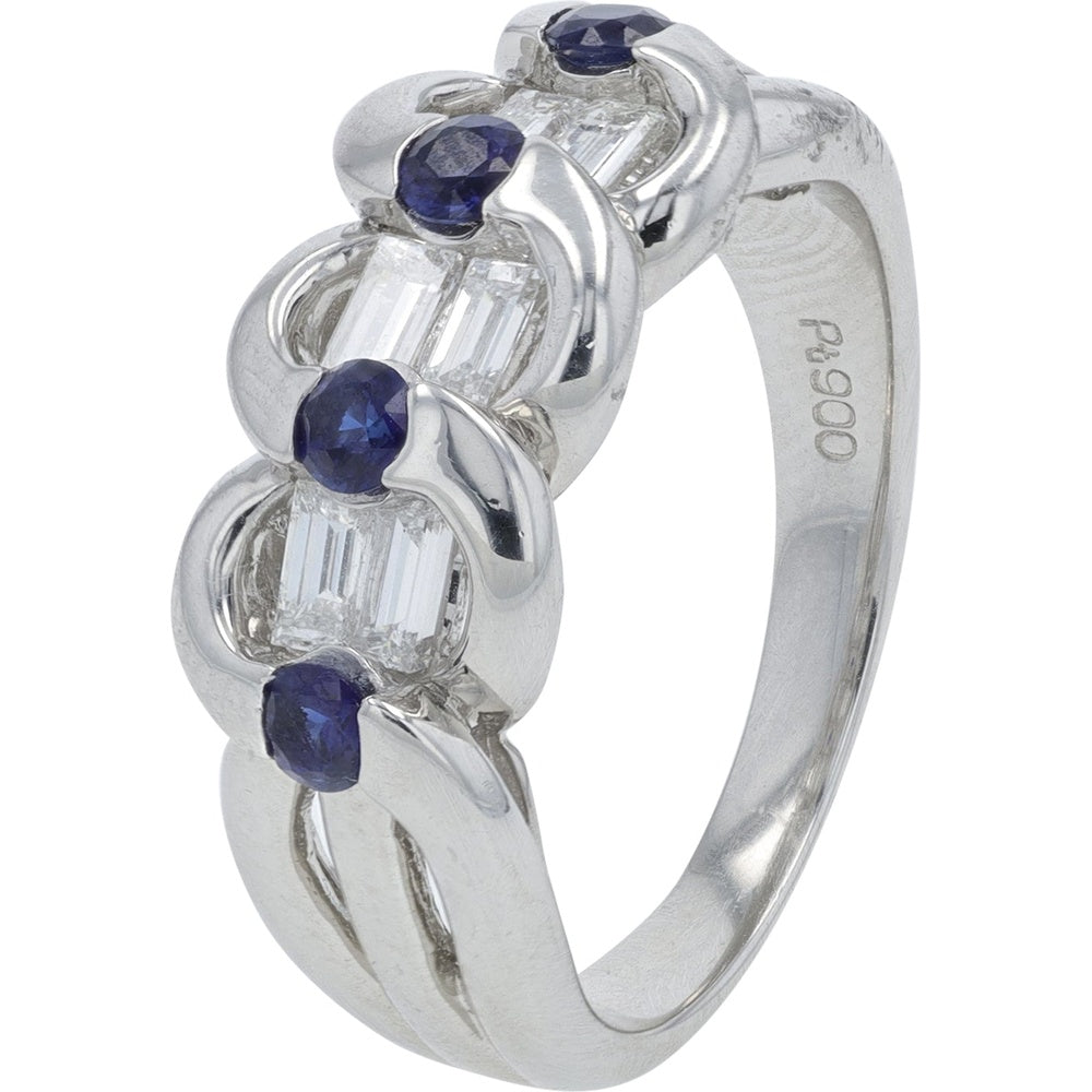 Platinum 900 Free Form Ring with 0.46 Carat Baguette Diamonds and 0.36 Carat Blue Sapphires - Size 6.5