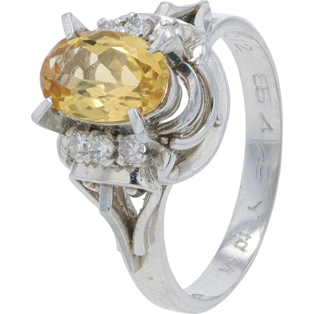 Platinum 900 Free-Form Ring with 1.29 Carat Oval Citrine and 0.12 Carat Diamond Accents - Size 5.75