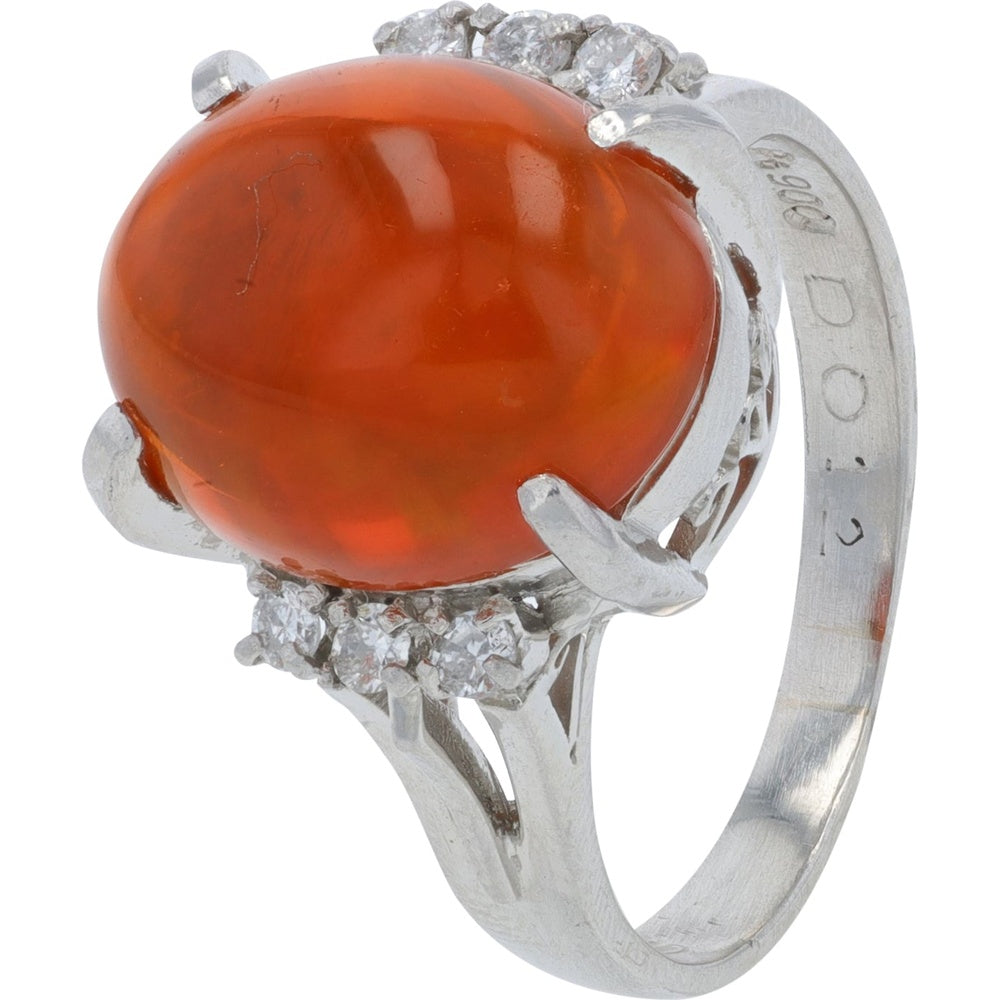 Platinum 900 Free Form Ring with 3.75 Carat Oval Cabochon Orange Opal and Diamond Accents - Size 4.75
