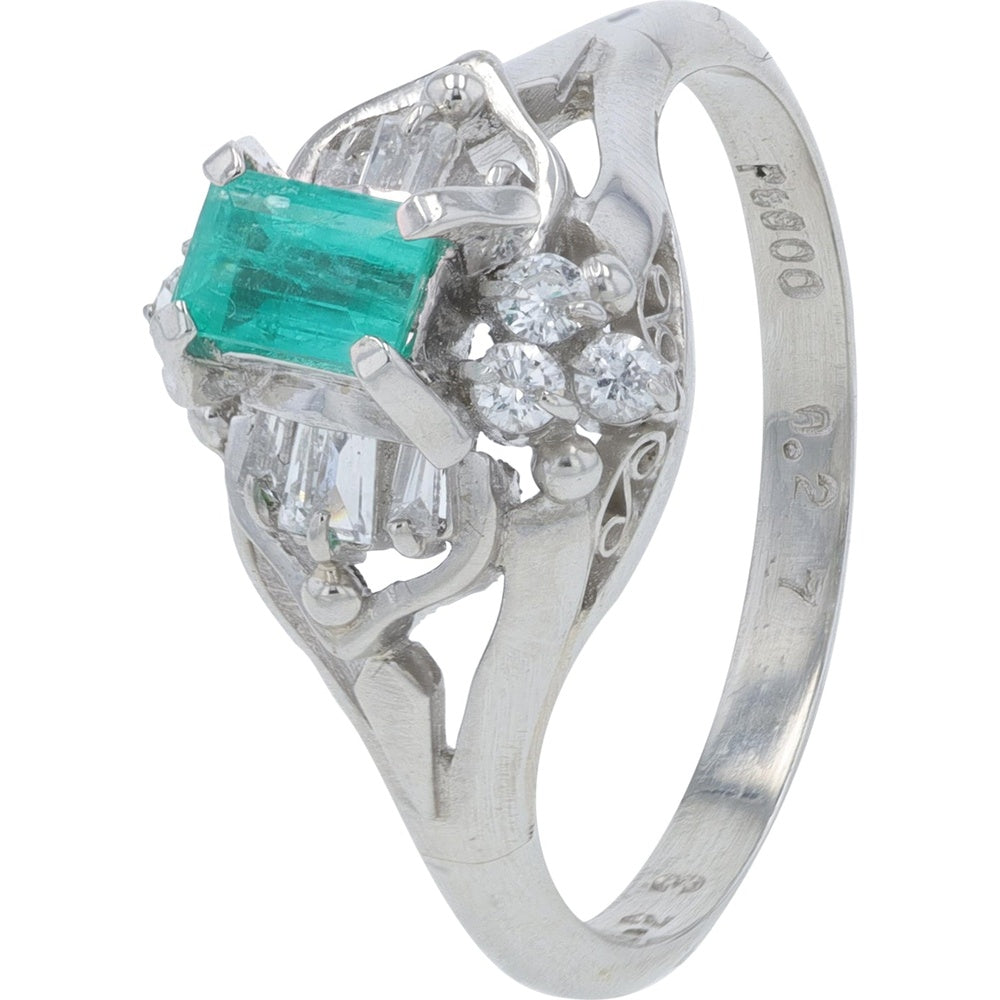 Platinum 900 Free Form Ring with Rectangular Emerald and Baguette and Round Diamond Accents - 0.27 Carat Emerald Weight and 0.27 Carat Total Diamond Weight