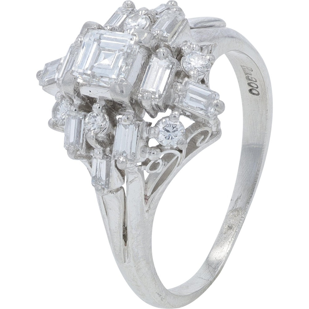Platinum 900 Geometric Cluster Ring with Baguette and Round Diamonds - 0.85 Carat Total Diamond Weight