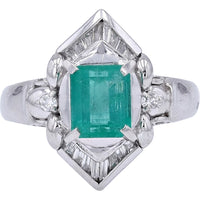 Platinum 900 Geometric Halo Ring with 1.22 Carat Emerald and 0.24 Carat Baguette and Round Diamonds