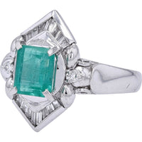 Platinum 900 Geometric Halo Ring with 1.22 Carat Emerald and 0.24 Carat Baguette and Round Diamonds