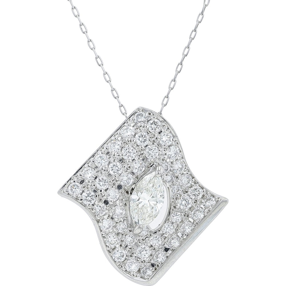 Platinum 900 Geometric Pendant Necklace with 0.91 Carat Total Weight Marquise and Pave Set Diamonds - 17.75 Inch Chain