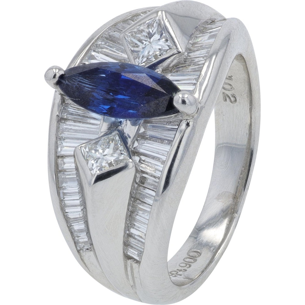 Platinum 900 Geometric Ring with Marquise Sapphire and Channel-Set Baguette Diamonds - 0.909 Carat Sapphire and 1.02 Carat Total Diamond Weight