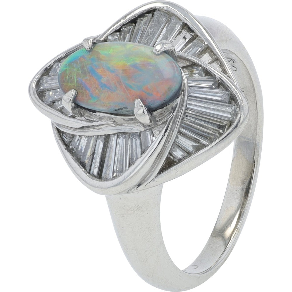 Platinum 900 Geometric Ring with Oval Black Opal and Baguette Diamond Halo - 0.63 Carat Opal and 0.80 Carat Total Diamond Weight
