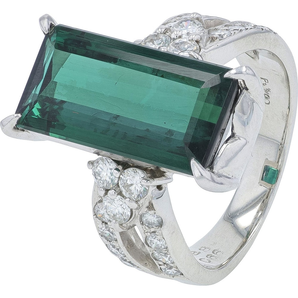 Platinum 900 Geometric Split-Shank Ring with 6.38 Carat Emerald-Cut Tourmaline and 0.66 Carat Round Diamond Accents - Size 6.5
