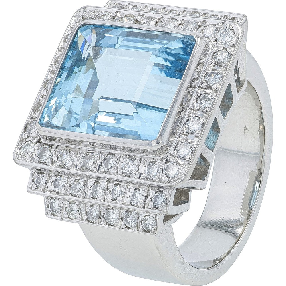 Platinum 900 Geometric Step-Cut Aquamarine Ring with Tiered Diamond Shoulders - 0.89 Carat Total Diamond Weight