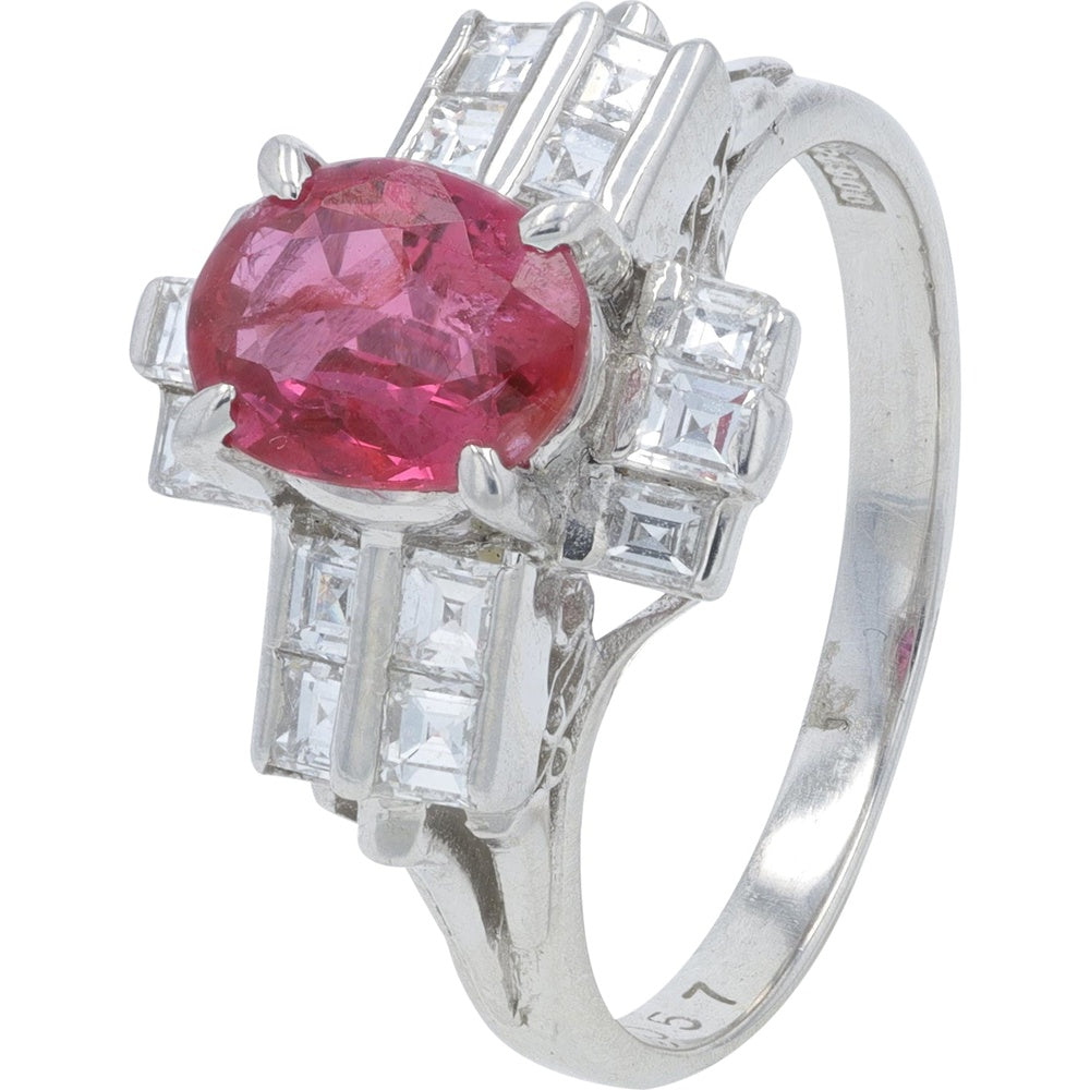 Platinum 900 Geometric Step-Shank Ring with 1.14 Carat Oval Ruby and 0.57 Carat Square Diamond Accents - Size 5.25
