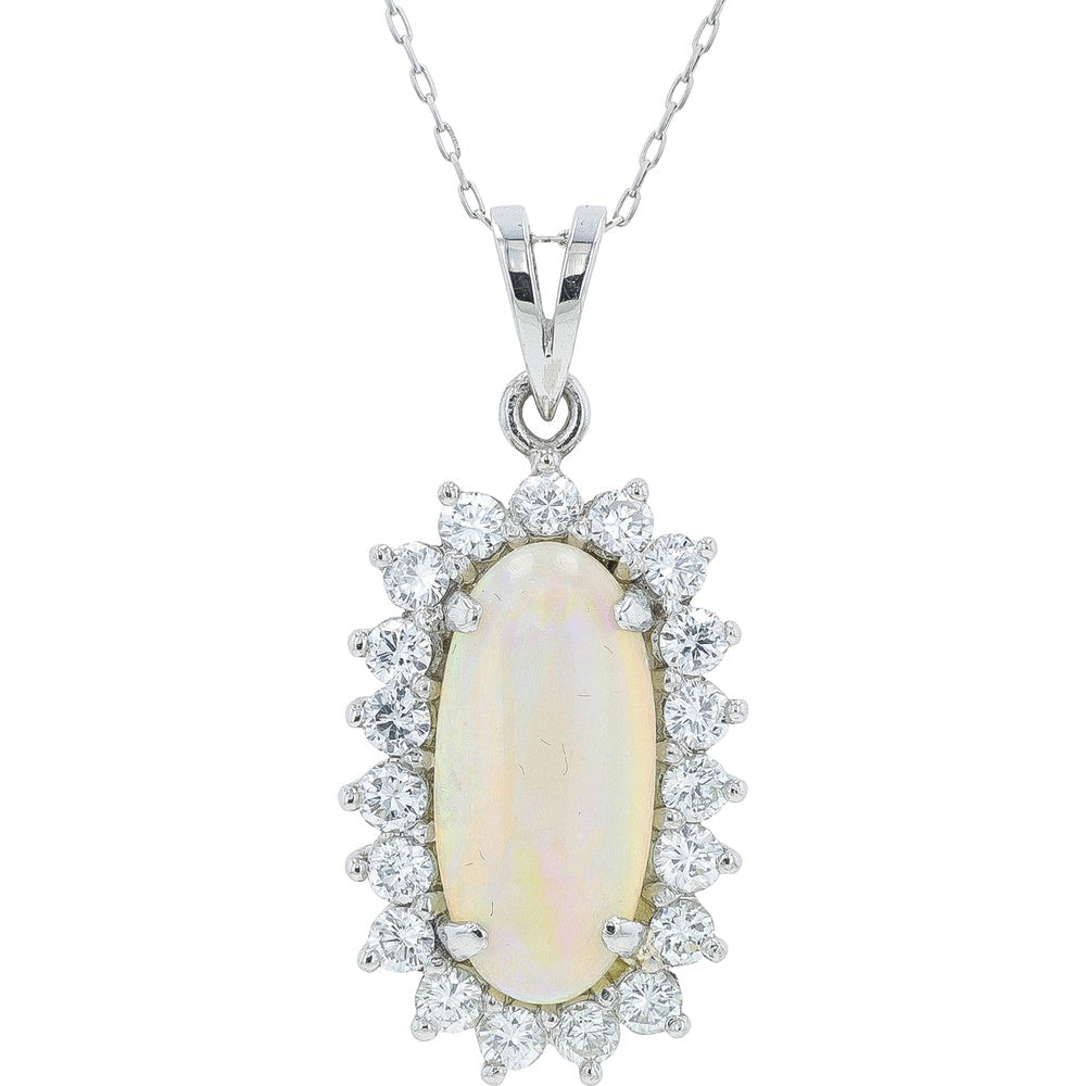 Platinum 900 Halo Pendant with Oval Opal and Round Diamond Accents - 2.10 Carat Opal and 0.78 Carat Total Diamond Weight