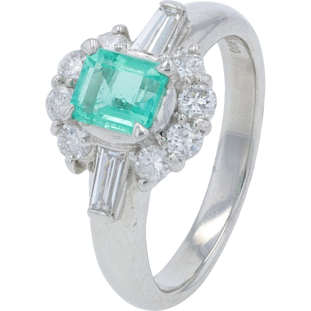 Platinum 900 Halo Ring with 0.54 Carat Rectangular Emerald and 0.55 Carat Total Diamond Accents Including Round Brilliant and Baguette Cut Stones - Size 6
