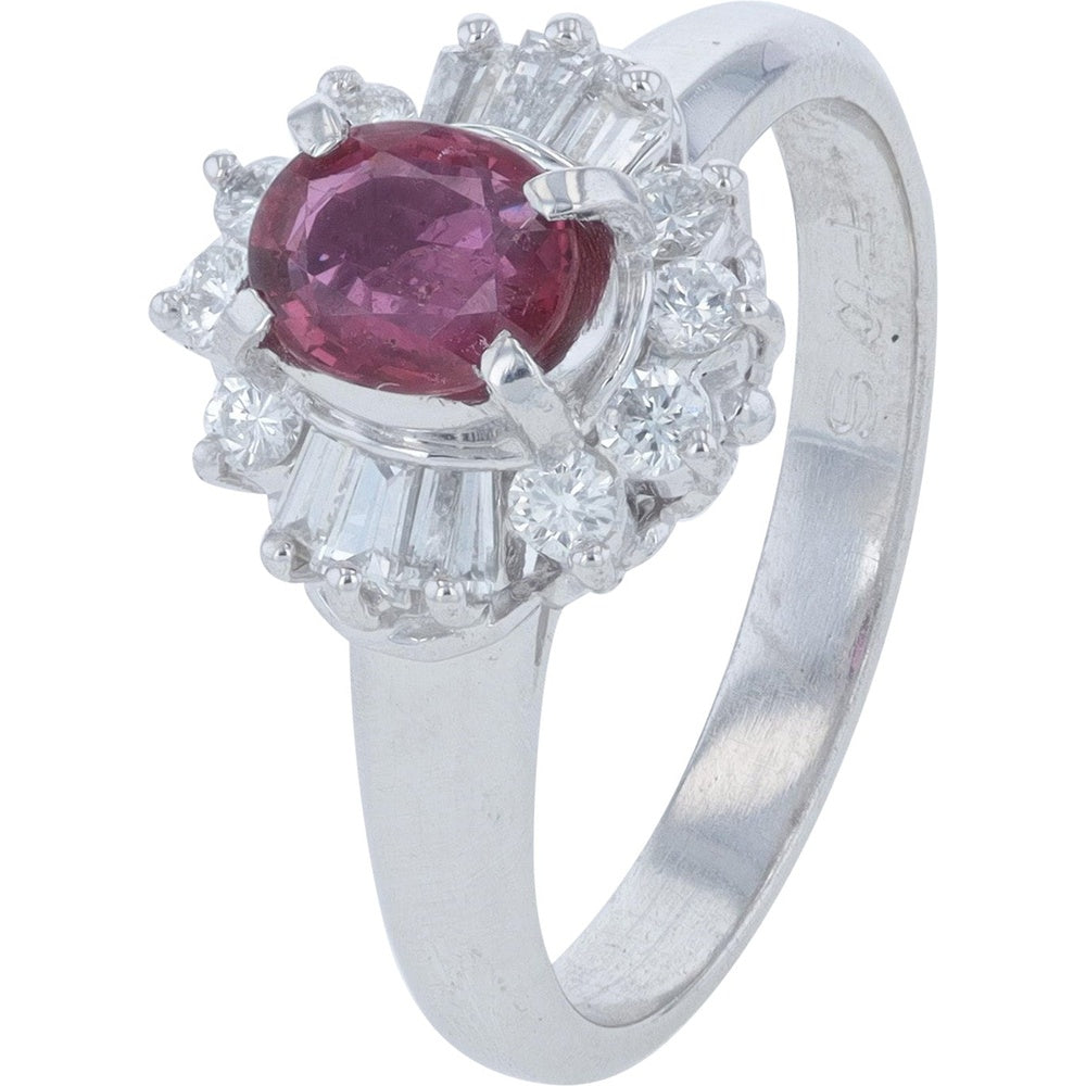 Platinum 900 Halo Ring with 0.60 Carat Oval Ruby and 0.35 Carat Mixed Round and Baguette Diamonds - Size 5.5
