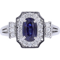 Platinum 900 Halo Ring with 1.01 Carat Oval Sapphire and 0.31 Carat Round Diamonds - Vintage-Inspired Sparkle for Her